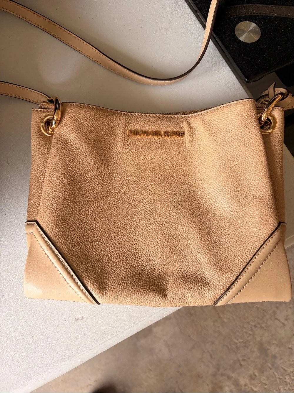 Michael Kors Beige Pebbled Leather Crossbody with Gold Hardware